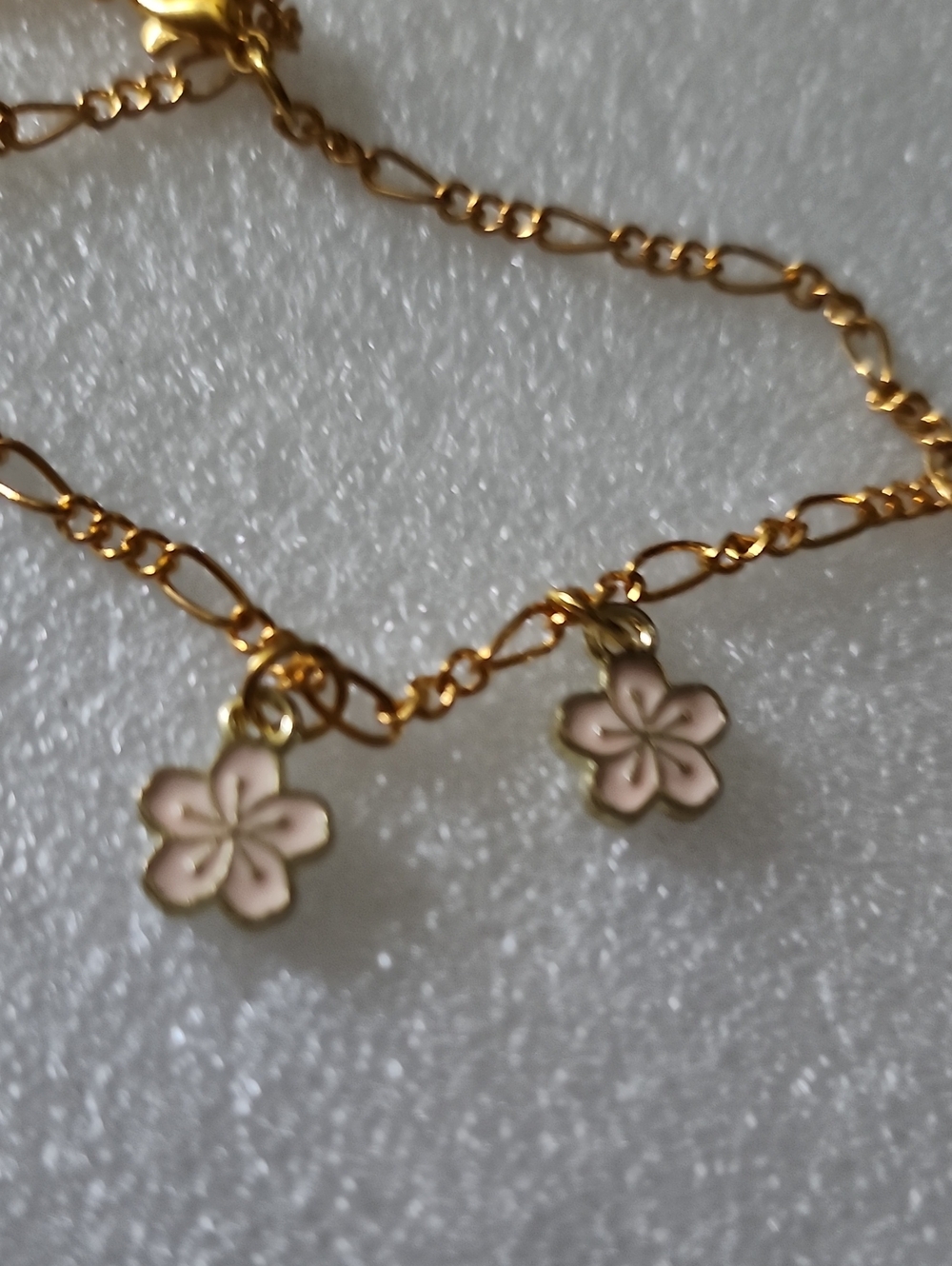 Hand Crafted Gold-Tone Bracelet / Anklet with Pink Flower Charms